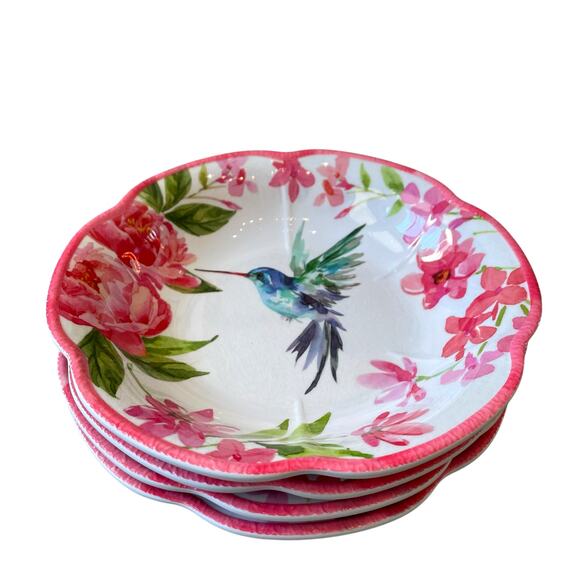 SOHO LOFT Hummingbird Pink Floral Melamine Salad Bowls 8in Set of 4 Spring NEW - Picture 7 of 15